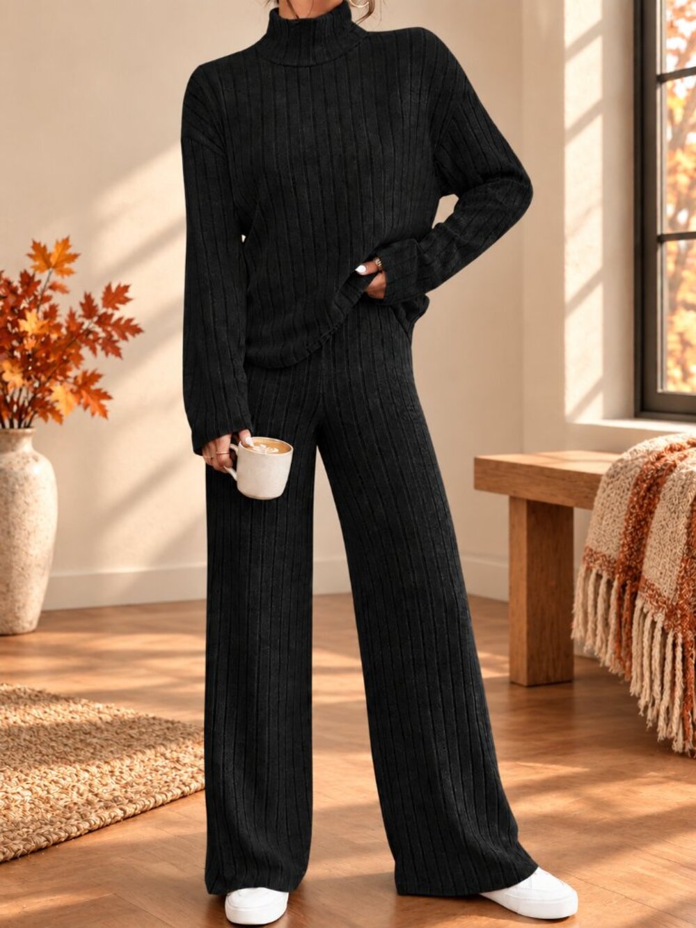 Black Rib Knit Two Piece Lounge Set Wide Leg Pants L